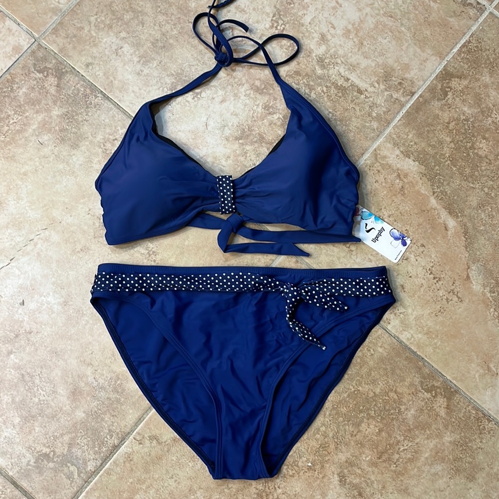 Upopby top/bottom navy blue swimsuit, size L, NWT.